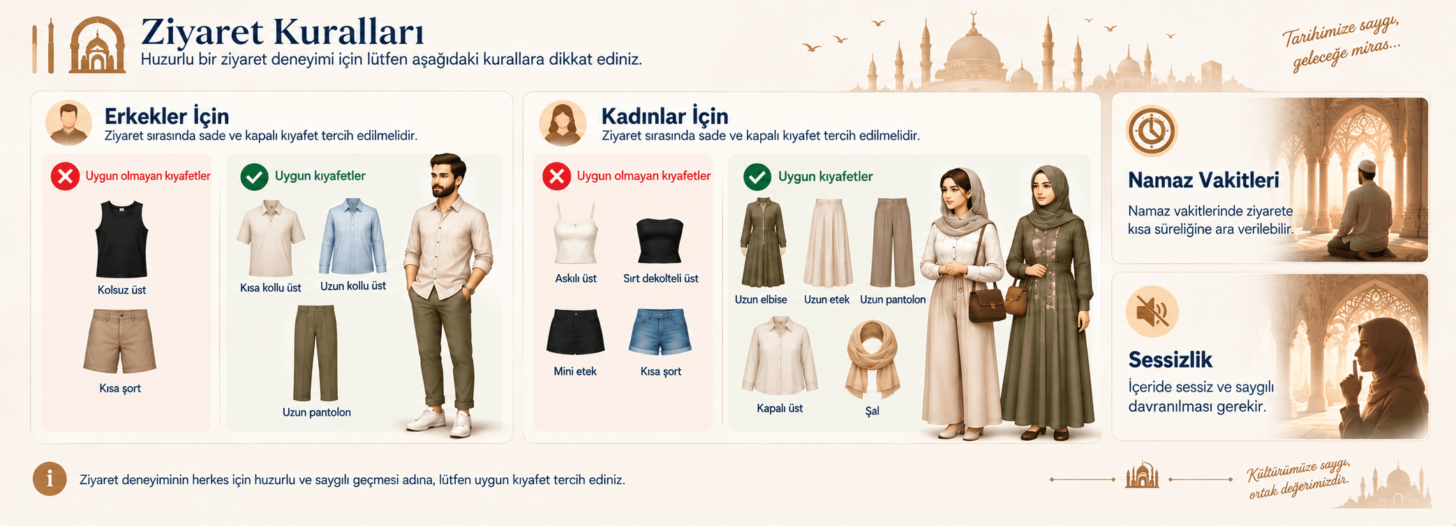 Ziyaret Kuralları: kıyafet, namaz vakitleri ve sessizlik kuralları